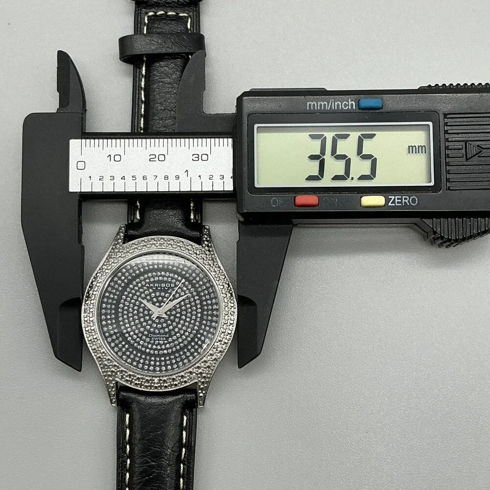 Akribos XXIV AK464BK Womens Watch 36mm Black Dial Leather Diamond New Battery